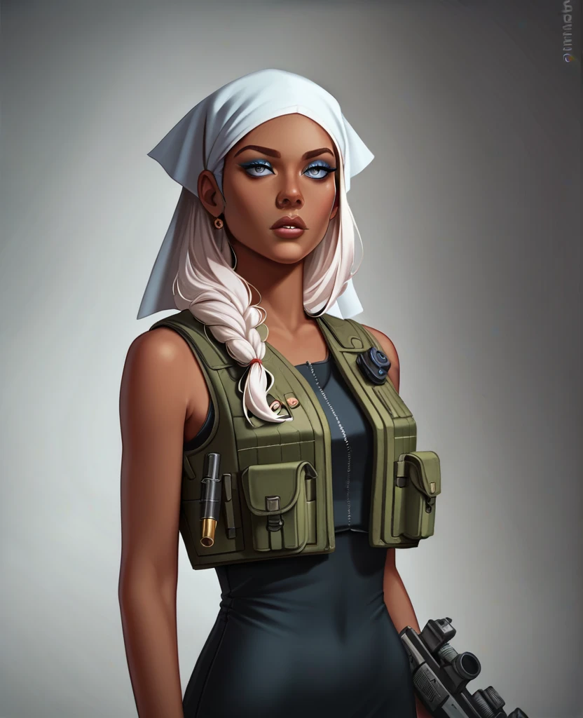((best quality)), ((masterpiece)), (detailed), 1girl, mixed race girl, African American + Caucasian girl with lighter skin, young woman, pretty, skinny, white hair, modern attire, modest, head scarf, long hair, hair tied in the back, bullet proof vest, tactical gear, civillian in kevlar vest, black kevlar, princess