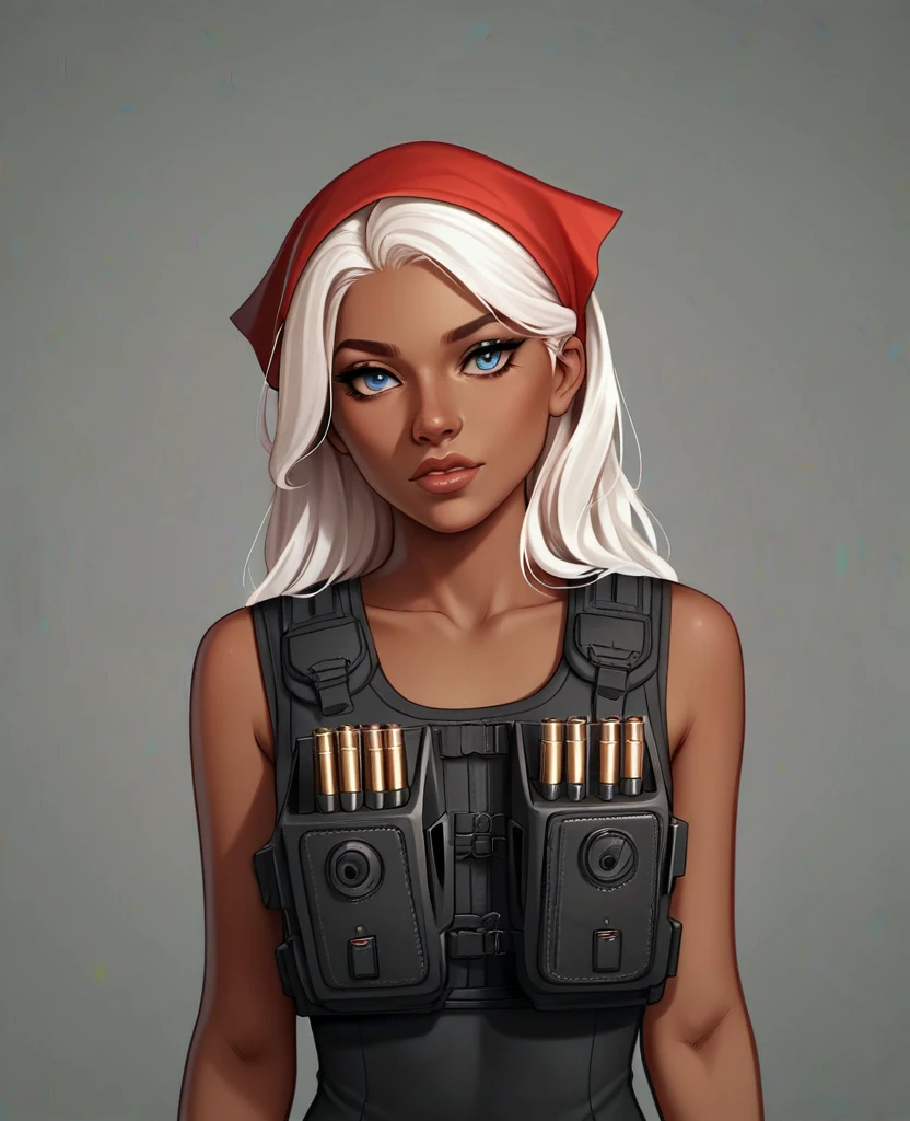 ((best quality)), ((masterpiece)), (detailed), 1girl, mixed race girl, African American + Caucasian girl with lighter skin, young woman, pretty, skinny, white hair, modern attire, modest, head scarf, long hair, hair tied in the back, bullet proof vest, tactical gear, civillian in kevlar vest, black kevlar, princess