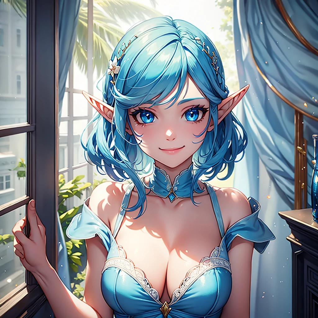 half-elf, light blue hair, blue ballroom dress, smile, blue eyes, done up hair, solo