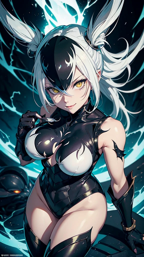 League of legends character riven in venom suit, white hair, yellow eyes, black suit, black bunny suit, venom suit, looking to the camera, smile, holding the camera, sexy body, hentai face, hentai expression, heart eyes, hentai eyes, eyes iris in heart shape, ponytail hairstyle