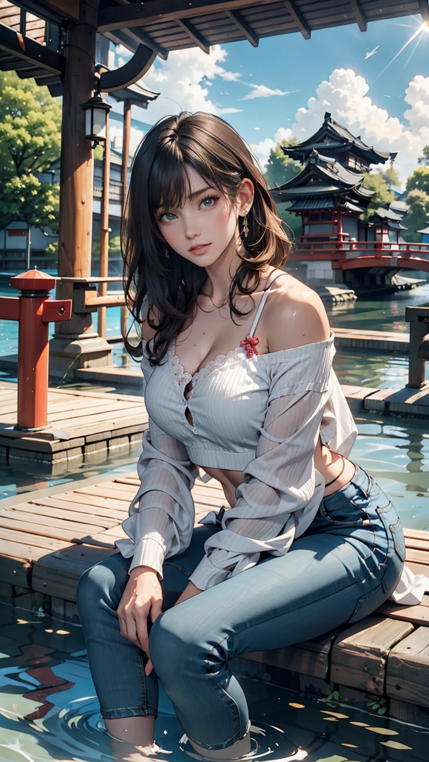 24-year-old female、Semi-long hair、black eye、Off-the-shoulder top with lace embellishment、Skinny jeans、barefoot、Japan、Shiga Prefecture、Omihachiman、water moat(Ishigakiで組まれたWaterway)、Ishigaki、Waterway、Clear Stream、Summer blue sky、cumulonimbus、Sit down and put your feet in the water