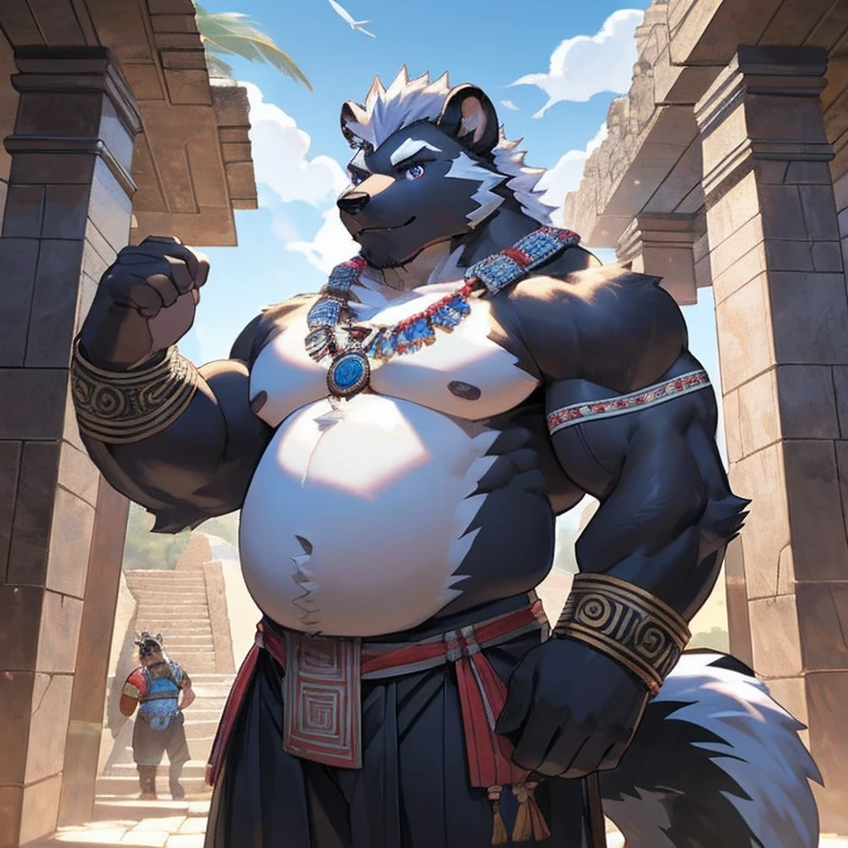 solo, anthro, furry, furry male, skunk,((short fur,furry, shaggy fur, opaque fur)), (skunk print, white belly), black pupils, white sclera, black body, black fur, black muzzle, black fur on face, indigo eye, big skunk tail, detailed fur, detailed face, detailed eyes, (Mayan clothing, Mayan neckpiece, Mayan bottoms), Mayan temple, lots of pillows and soft surfaces, (by null-ghost,by raccoon21, masterpiece, high quality, hi-res, 8k, hd, dark), standing, offering hand to viewer, looking at viewer, day, gentle expression, musclegut skunk man, muscular, big belly, fat belly, obese belly, pillowy pectorals, soft pectorals, big pectorals, weight-lifter build, broad shoulders, black fur, indigo eyes, pink pawpads, mid 30s, relaxed, lazy, indigo smoke, white Mohawk,