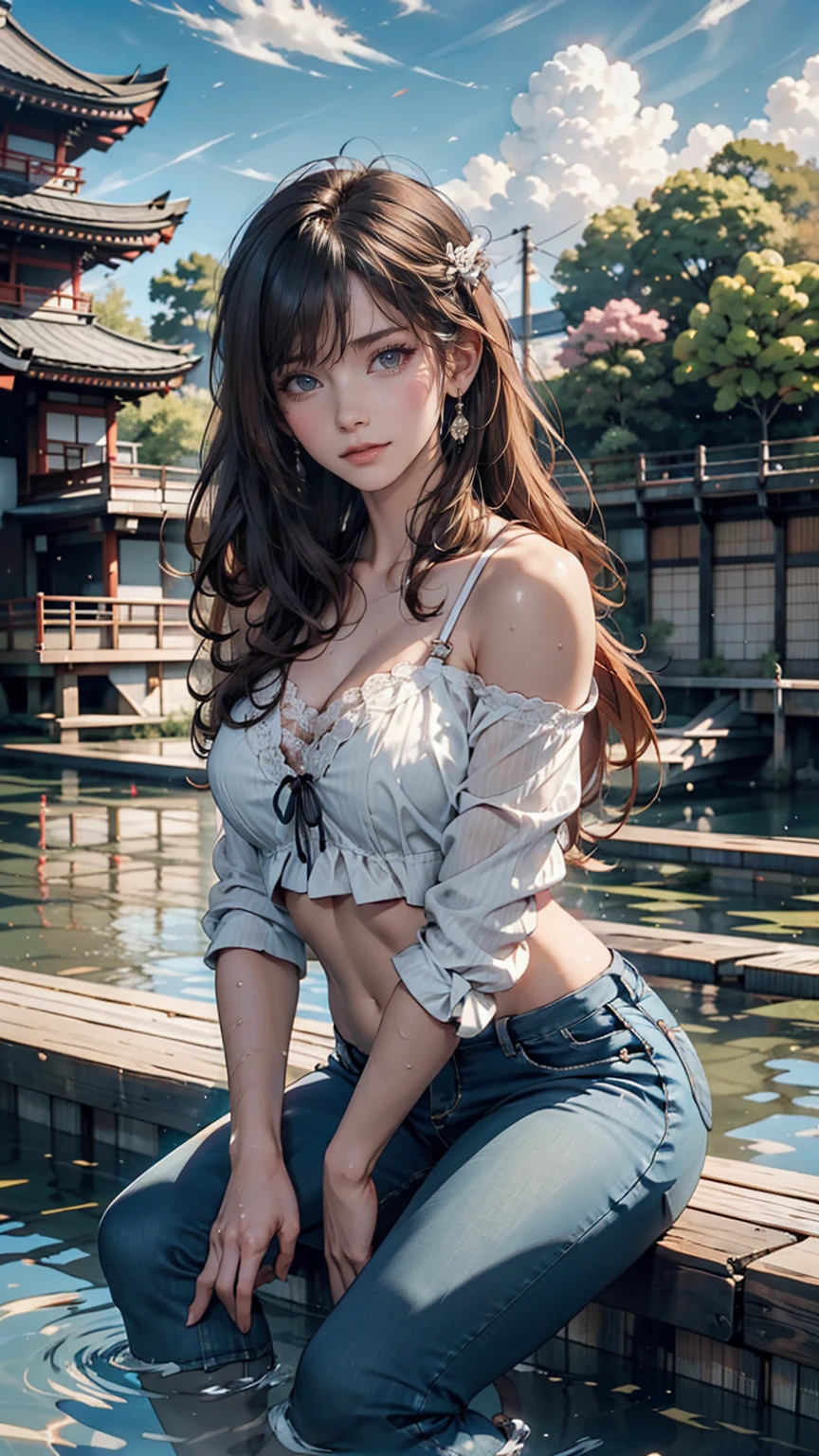 24-year-old female、Semi-long hair、black eye、Off-the-shoulder top with lace embellishment、Skinny jeans、barefoot、Japan、Shiga Prefecture、Omihachiman、water moat（Ishigakiで組まれたWaterway)、Ishigaki、Waterway、Clear Stream、Summer blue sky、cumulonimbus、Sit down and put your feet in the water