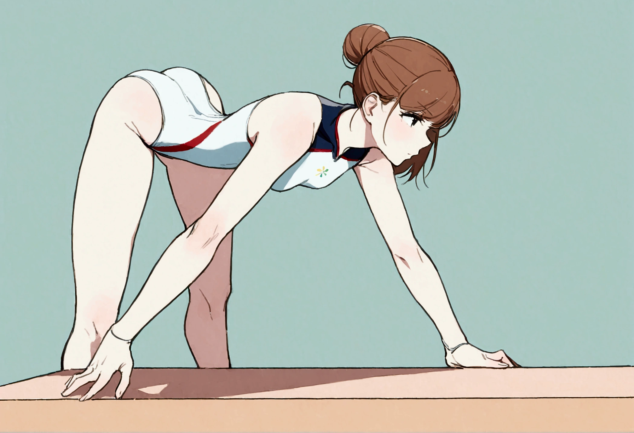 Kate Mara, , tight leotard, olympic markings, hanir in a tight bun, is an olympic gymnast walking the balance beam, graceful posture, show all of her head to toe
