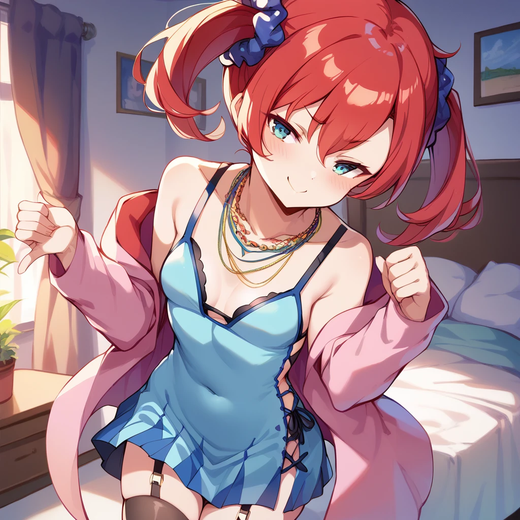 {{{{masterpiece}}}}, nsfw, standing, scrunchie, necklace, teal dress, cleavage, pink jacket, short dress, garter straps, black thighhighs, digiNokia, red hair, twintails, small breasts, Bedroom, smug, skirt lift , gold micro panties, pubic hair peek
