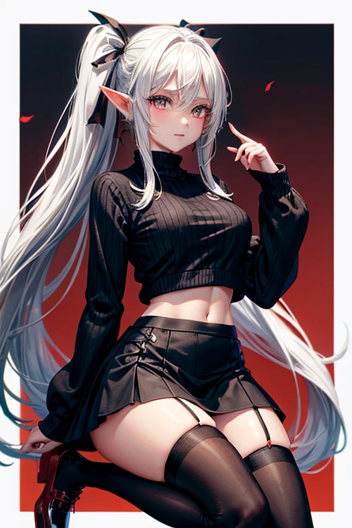 Elf girl, white hair, black eyes, two ponytails with ribbons, wearing a red sweater, black skirt, knee-length black stockings, black shoes, half top body