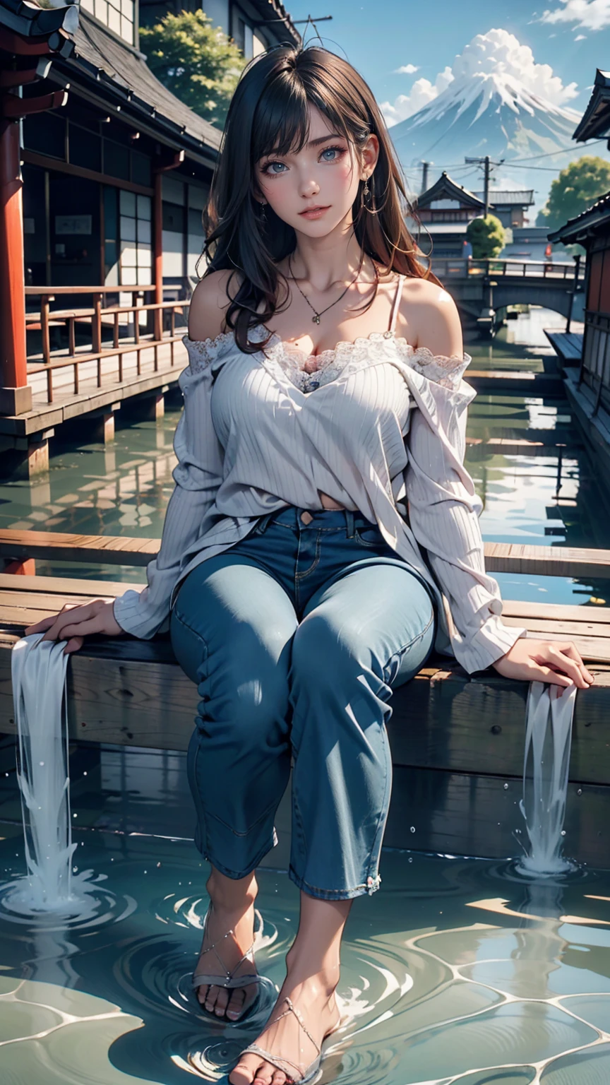 24-year-old female、Semi-long hair、black eye、Off-the-shoulder top with lace embellishment、Skinny jeans、barefoot、Japan、Shiga Prefecture、Omihachiman、water moat(Ishigakiで組まれたWaterway)、Ishigaki、Waterway、Clear Stream、Summer blue sky、cumulonimbus、Sit down and put your feet in the water、The water surface sparkles