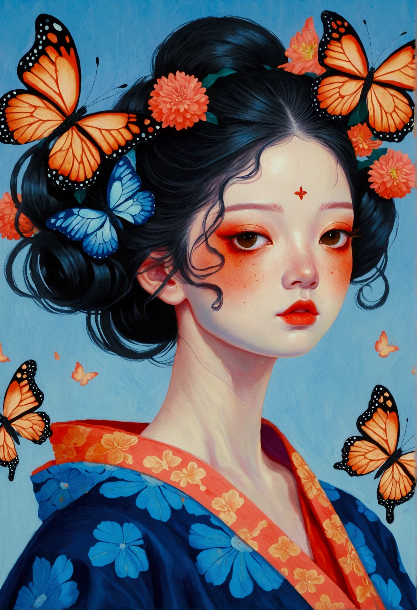 The painting shows a woman wearing a Japanese kimono,There are butterflies and eyes on the head, James Jean (James Jean) Inspired by the extremely detailed, Popular on artstation, Pop surrealism, james jean 和 wlop, japanese Pop surrealism, Loish |, James Jean Andre Ryabovich, yanjun chengt, Beeple 和 Jeremiah Ketner, Juster Battle