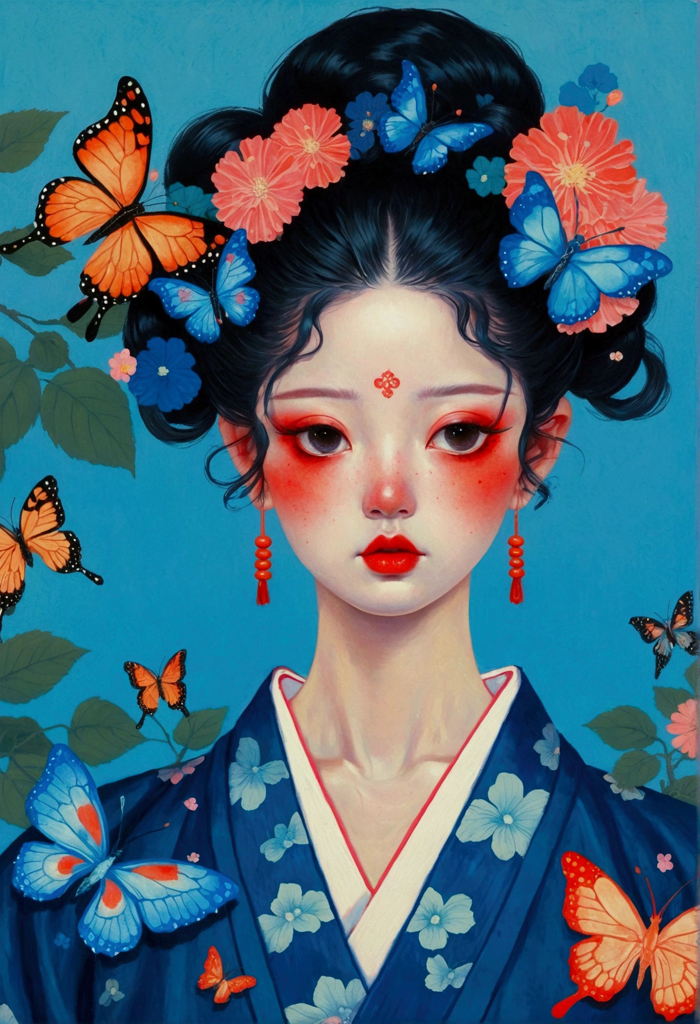 The painting shows a woman wearing a Japanese kimono,There are butterflies and eyes on the head, James Jean (James Jean) Inspired by the extremely detailed, Popular on artstation, Pop surrealism, james jean 和 wlop, japanese Pop surrealism, Loish |, James Jean Andre Ryabovich, yanjun chengt, Beeple 和 Jeremiah Ketner, Juster Battle