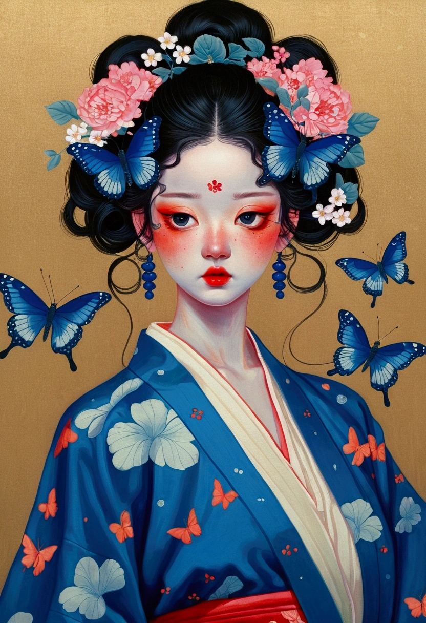 The painting shows a woman wearing a Japanese kimono，There are butterflies and eyes on the head, James Jean (James Jean) Inspired by the extremely detailed, Popular on artstation, Pop surrealism, james jean 和 wlop, japanese Pop surrealism, Loish |, James Jean Andre Ryabovich, yanjun chengt, Beeple 和 Jeremiah Ketner, Juster Battle