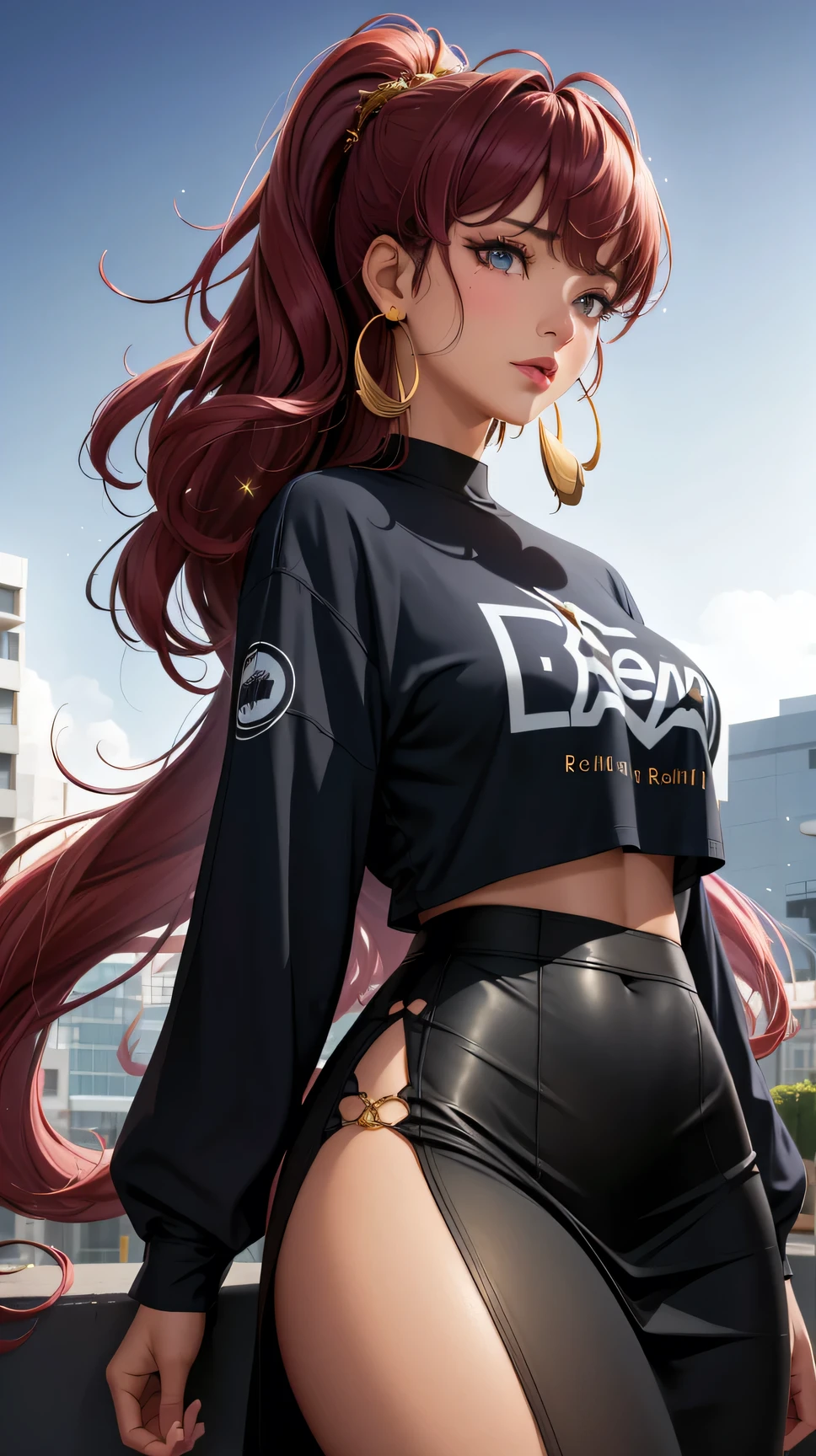 (best quality:1.5, highres, UHD, 4K, detailed lighting, shaders), curly floral haired, gradient hair, large breasts, suit, T-shirt, social shirt, short skirt, mature woman , (pov), white background, colorful eyeshadow, dramatic lighting, sparkling eyes, sensual expression, golden earrings, flowing hair, delicate facial features, dark skin, high cheekbones, urban setting, black background, symmetric portrait