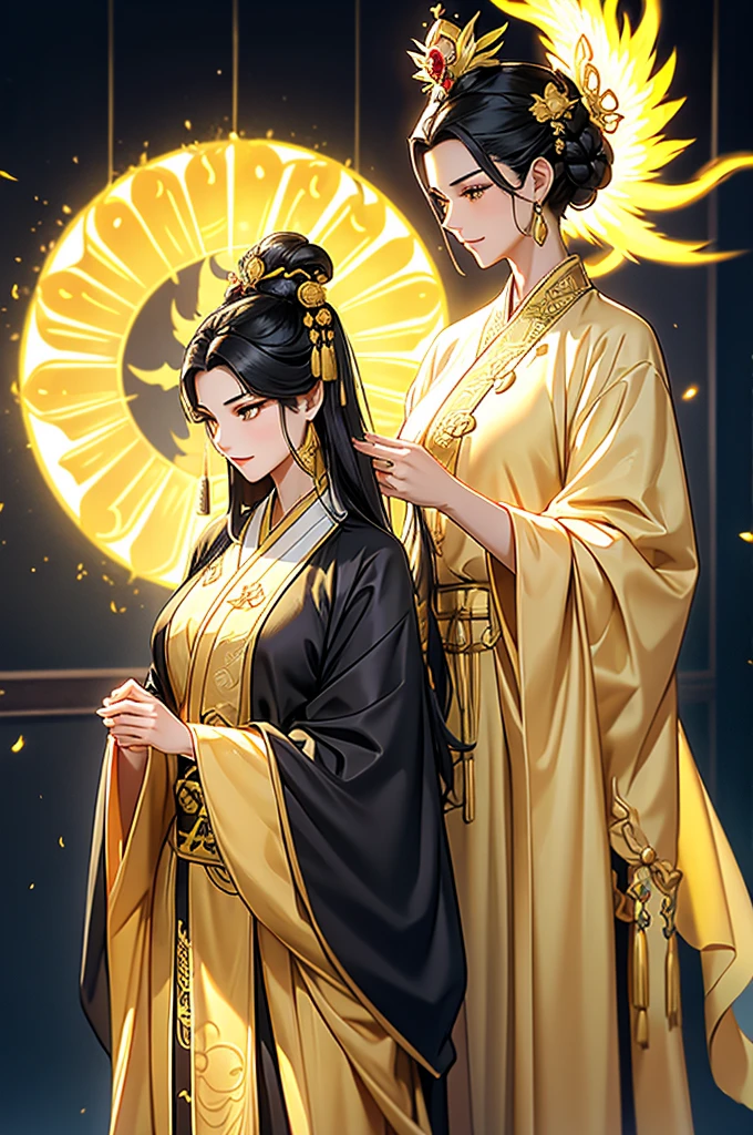 Black Hair, Immortal, Beauty, Royal sister, Stepmother, Gold Yellow Taoist robe, Golden Phoenix Coronet, Hair Bunch, Mature Woman，Sunshine