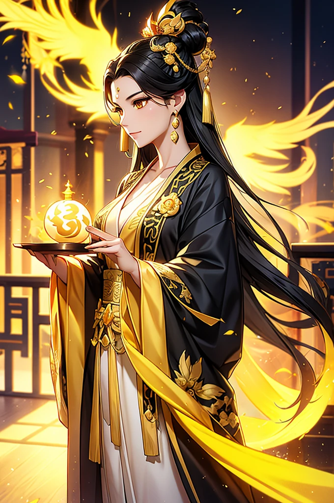 Black Hair, Immortal, Beauty, Royal sister, Stepmother, Gold Yellow Taoist robe, Golden Phoenix Coronet, Hair Bunch, Mature Woman，Sunshine