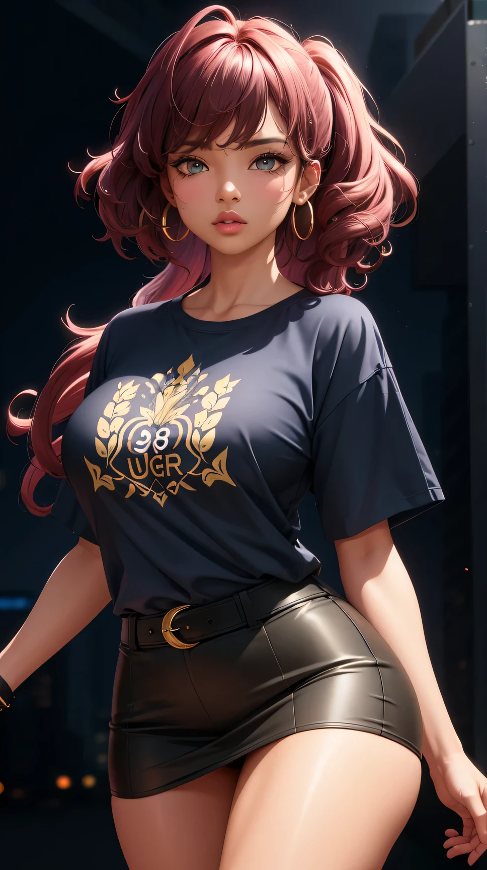 (best quality:1.5, highres, UHD, 4K, detailed lighting, shaders), curly floral haired, gradient hair, large breasts, suit, T-shirt, social shirt, short skirt, mature woman , (pov), white background, colorful eyeshadow, dramatic lighting, sparkling eyes, sensual expression, golden earrings, flowing hair, delicate facial features, dark skin, high cheekbones, urban setting, black background, symmetric portrait
