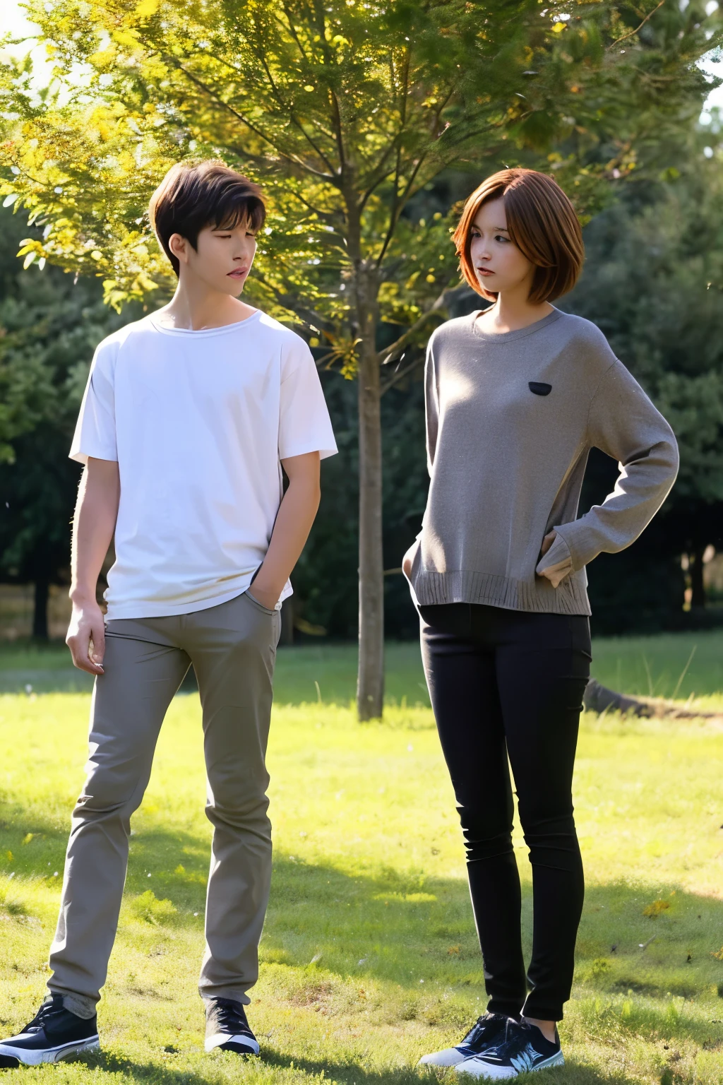 Handsome guy and beautiful girl ,standing, full body Ultra-realistic detailed rendering, wearing a gray orange mine clothing , with his whole body visible, straight short hair,standing beside the tree, and with a tree behind him, and with a little light,standing back to back