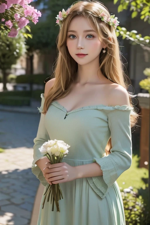 beautiful blonde woman, detailed face, intricate details, high quality, photorealistic, award winning art, blurry background, apartment, dress, smiling, grass, daylight, side,