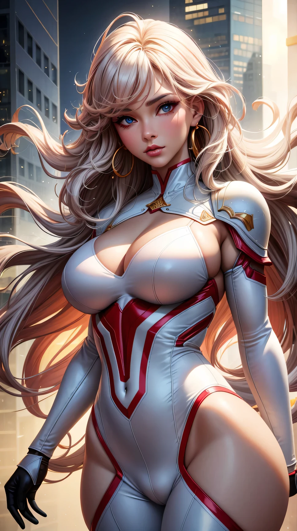 (best quality:1.5, highres, UHD, 4K, detailed lighting, shaders), white curly haired, gradient hair, large breasts, red suit, red social long pants, mature woman , (pov), white background, colorful eyeshadow, dramatic lighting, sparkling eyes, sensual expression, golden earrings, flowing hair, delicate facial features, soft skin, high cheekbones, urban setting, white background, symmetric picture