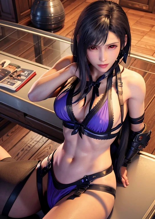 FF7,Tifa,Lie down on the bar counter,Looking at this,((View your viewers)),From above,Purple Lingerie,Black Hair,((Long Hair:1.7)),Tie it under your hair,Beautiful image quality 32K,Sleep on your back,Spread your legs,Transparent underwear,Red Eyes,Big Breasts,誘うような目でLooking at this,