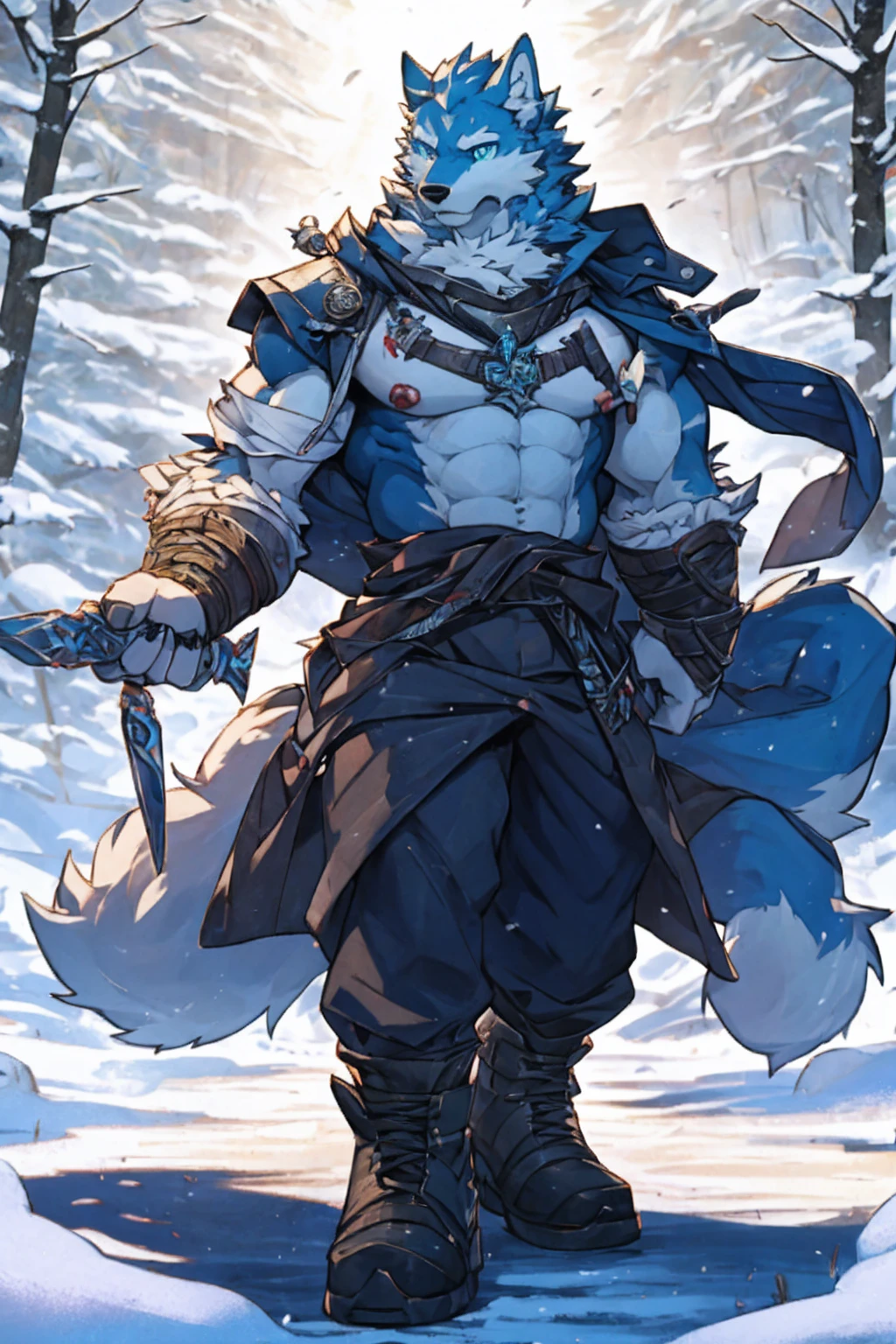 8K, Practical, High Detail, Very detailed,doctor ,Snow Wolf,White fur,Heterochromic pupils,Left eye green,The right eye is blue,Exquisite eyes,Exquisite eyes,Extremely high detail,Wasteland Wind,with cover,Abs loom,Medical Bag,Strong body,Dagger in hand,Bandage around ankle,Bandaged wrist,Facing the screen