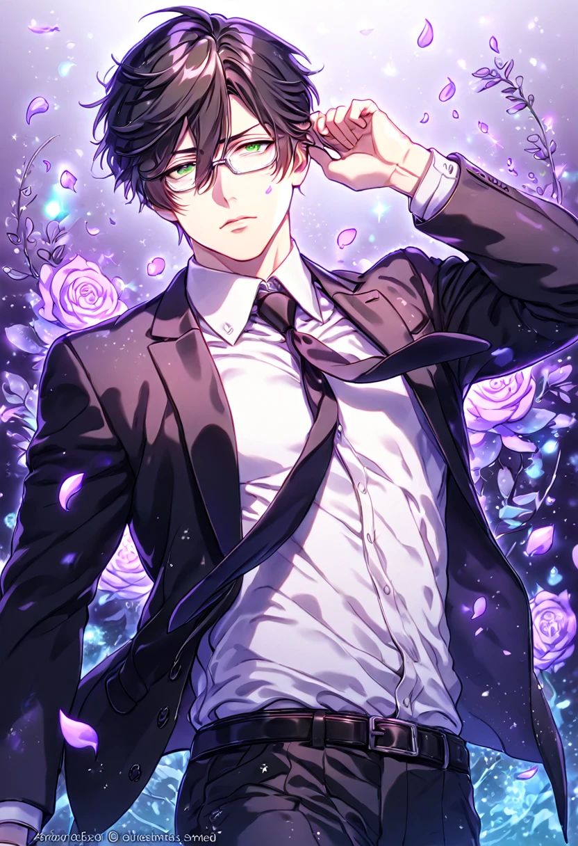 Ultra detailed, HDR, Highres, absurdres, master piece, Ginoza Nobuchika, black hair, expressive green eyes, glasses, black jacket, black necktie, white shirt, black pants, Psycho Pass, sexy man, handsome, purple flowers, petals, fantasy, magical, purple leaves, handsome, best quality, glittering, manly man, sensual, horny, water, purple shining fireflies,