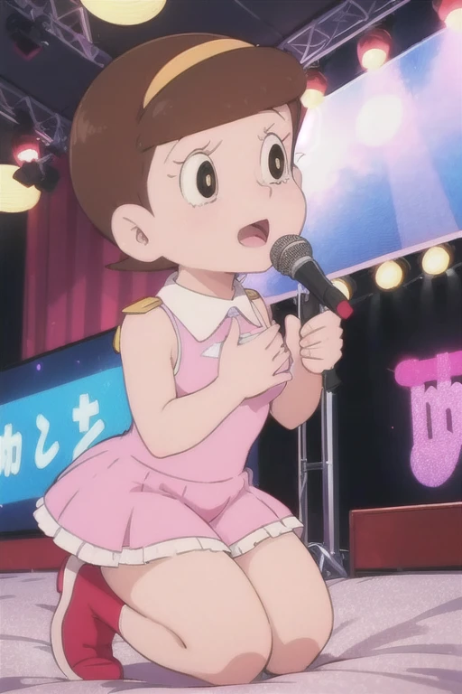 a beautiful idol girl hoshinosumire singing on stage, 1980s retro art style, 1990s style, detailed facial features, long eyelashes, detailed dress, cute expression, audience watching, best quality, 4K, 8k, highres, masterpiece, ultra-detailed, realistic, photorealistic, vivid colors, studio lighting, sharp focus, physically-based rendering, Full body images, Singing without a microphone,5 heads and a good figure, Make your breasts a little bigger,More sexually pleasurable expressions,In a sexy adult outfit that shows off her bust more