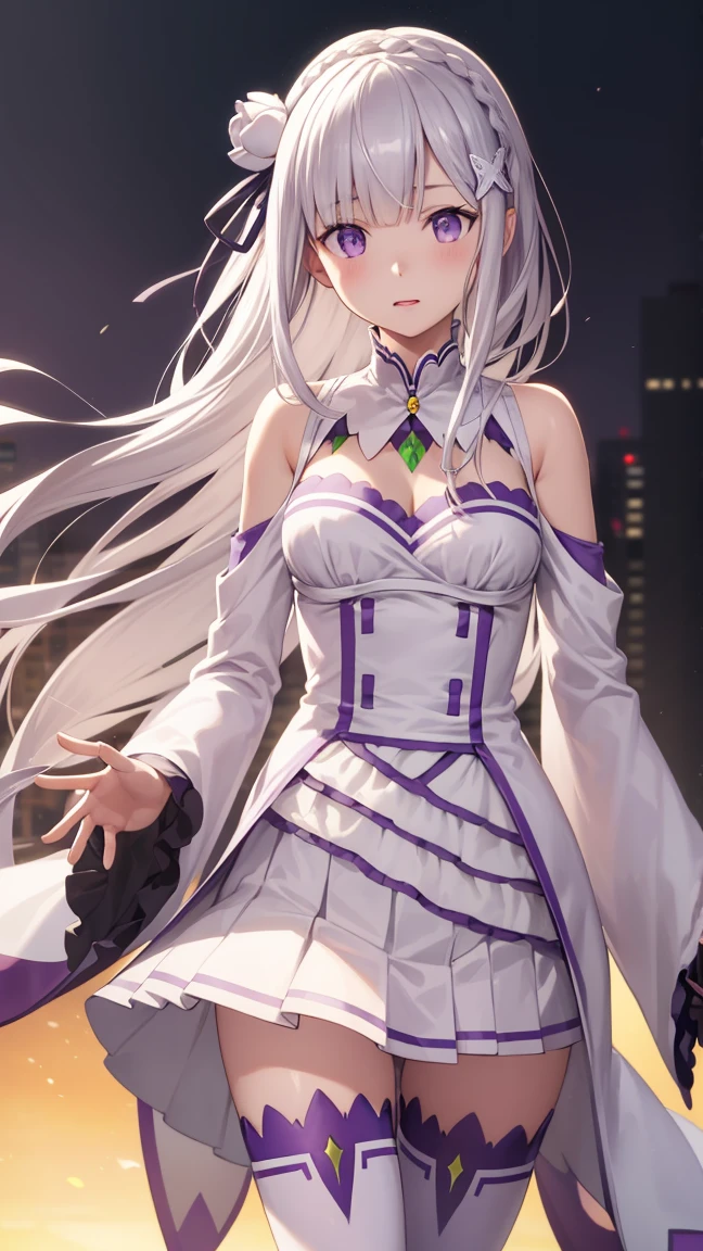 rezeroEmilia, Emilia, Braiding, crown Braiding, flower, hair flower, hair ornaments, hair ribbon, Long Hair, Pointed Ears, (Purple eyes:1.2), Gray Hair, x hair ornaments,
break detached collar, Removable sleeves, Frills袖, Frills, Long sleeve, miniskirt, pleated skirt, ribbon, skirt, Knee socks, white skirt, White sleeves, white Knee socks, Wide sleeves, zettai ryouiki,
break outdoors, city,
break looking at viewer, break (masterpiece:1.2), Highest quality, High resolution, unity 8k wallpaper, (figure:0.8), (Beautiful attention to detail:1.6), Highly detailed face, Perfect lighting, Highly detailed CG, (Perfect hands, Perfect Anatomy),