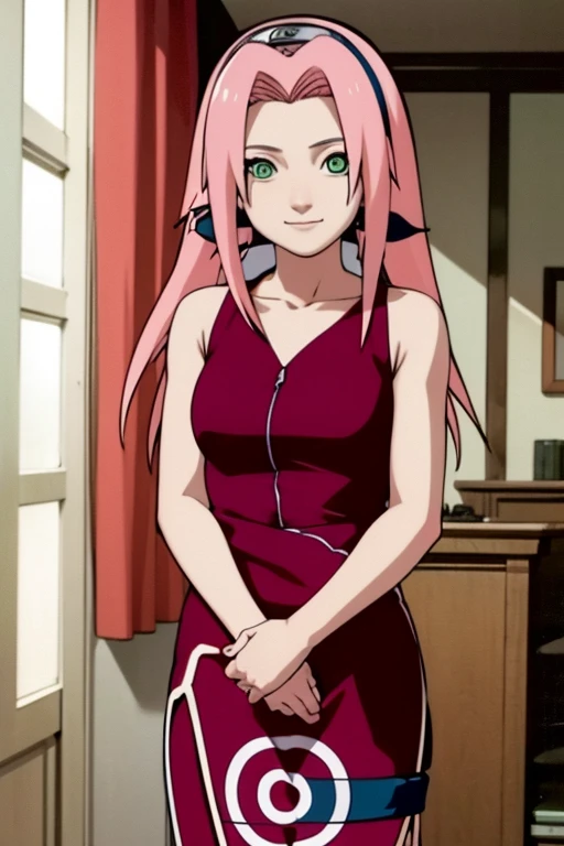 masterpiece, best quality, facing viewer, looking at viewer, 1girl, solo, indoors, living room, standing, seductive smile, haruno sakura, pink hair, long hair, green eyes, forehead protector