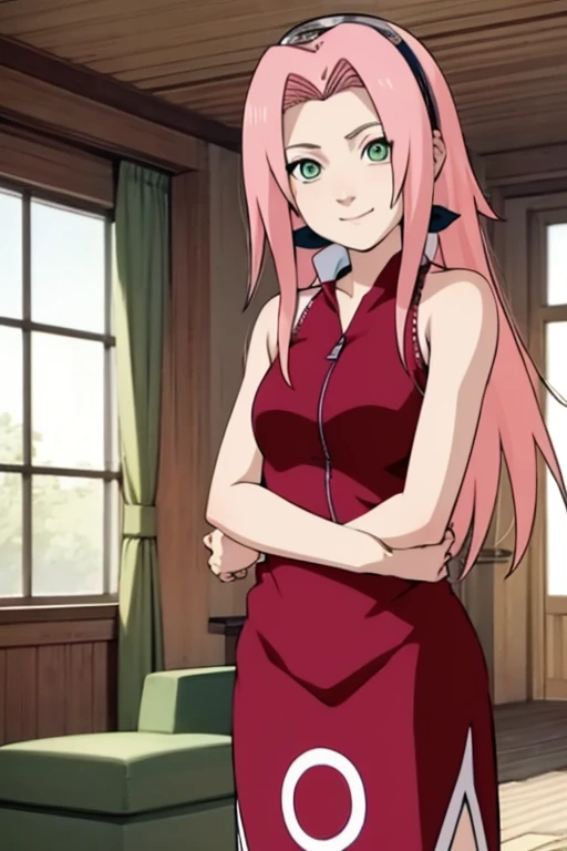 masterpiece, best quality, facing viewer, looking at viewer, 1girl, solo, indoors, living room, standing, seductive smile, haruno sakura, pink hair, long hair, green eyes, forehead protector