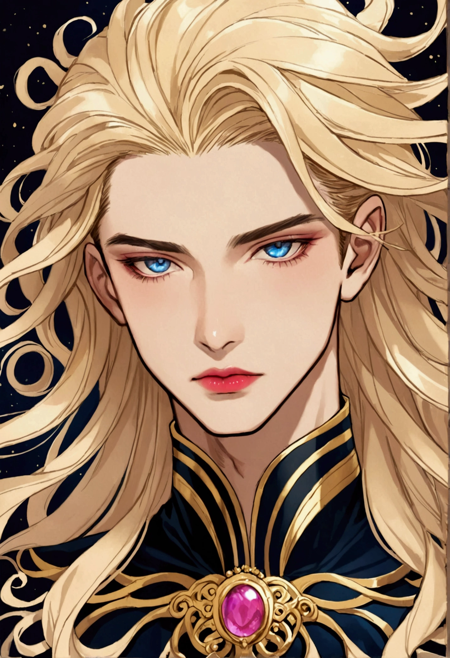 blonde hair boy,His haircut is Medusa style.,with light skin,pink cheeks ,reddish lips ,with long eyelashes,semi-wide hair,deep blue eyes with light blue and gold touches