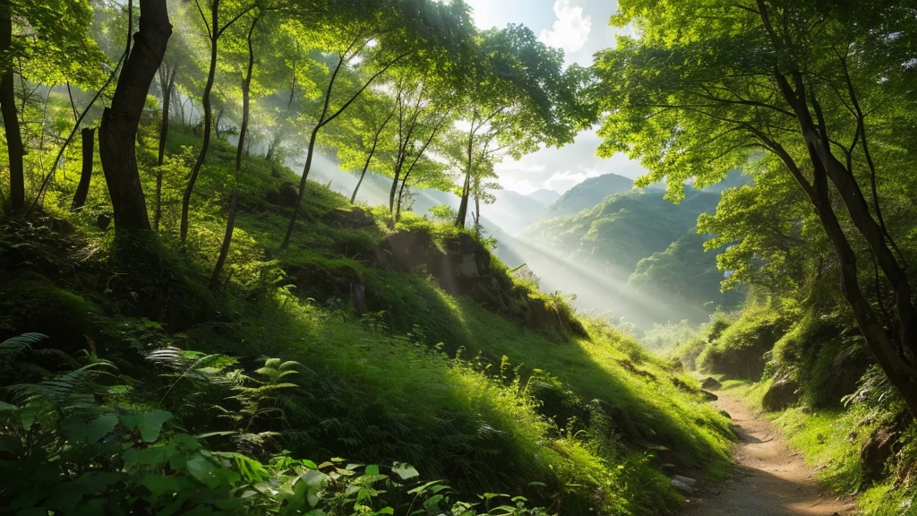 Lush Mountains々,Layer by layer,Stretching towards the sky。Sunlight shines through the gaps in the leaves,Dappled light and shadows fall,Like a symphony of nature,A clear sound that gently echoes in the wind,Like a ribbon,Skillfully linking these beautiful landscapes,Primary forest