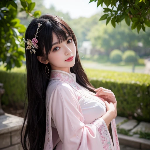 best quality, Delicate face,beautiful visual work, lifelike, eternity, black hair, Long curly hair, blunt bangs, Smile, Detailed Background, Delicate face,pink blush,cold,((masterpiece))、(top quality)、8k、high detail、Super detailed,21 years old female,Wearing a fairy costume、Clothes are light and fluffy,Hanfu, Wide sleeves, Seductive and whimsical style、masterpiece、born、Scenes resembling fairy tale illustrations、intricate details和複雜的設計、Beautifully、magic、capricious、 Beautifully、Dream aesthetics、「𝓡𝓸𝓶𝓪𝓷𝓽𝓲𝓬、ethereal、charming、fickle、magic」、realism、Visual effects、FXAA、SSAO、Shader、voiceless、ambient lighting、Tone mapping、High resolution、Ultra high quality、Million pixels、(8K resolution:1.10)、8k、8k以下、8K resolution、high detail、intricate details, (high quality:1.2、masterpiece:1.2、:1.21)、(21 years old female:1.21)、(興奮地Smile)、(Surrounded by a dreamy atmosphere、Model diagram,full-body shot,Normal 2 feet,Cross your hands and hide them in your sleeves,You can clearly see that her breasts are very big inside the clothes, Big ,Chest G cup