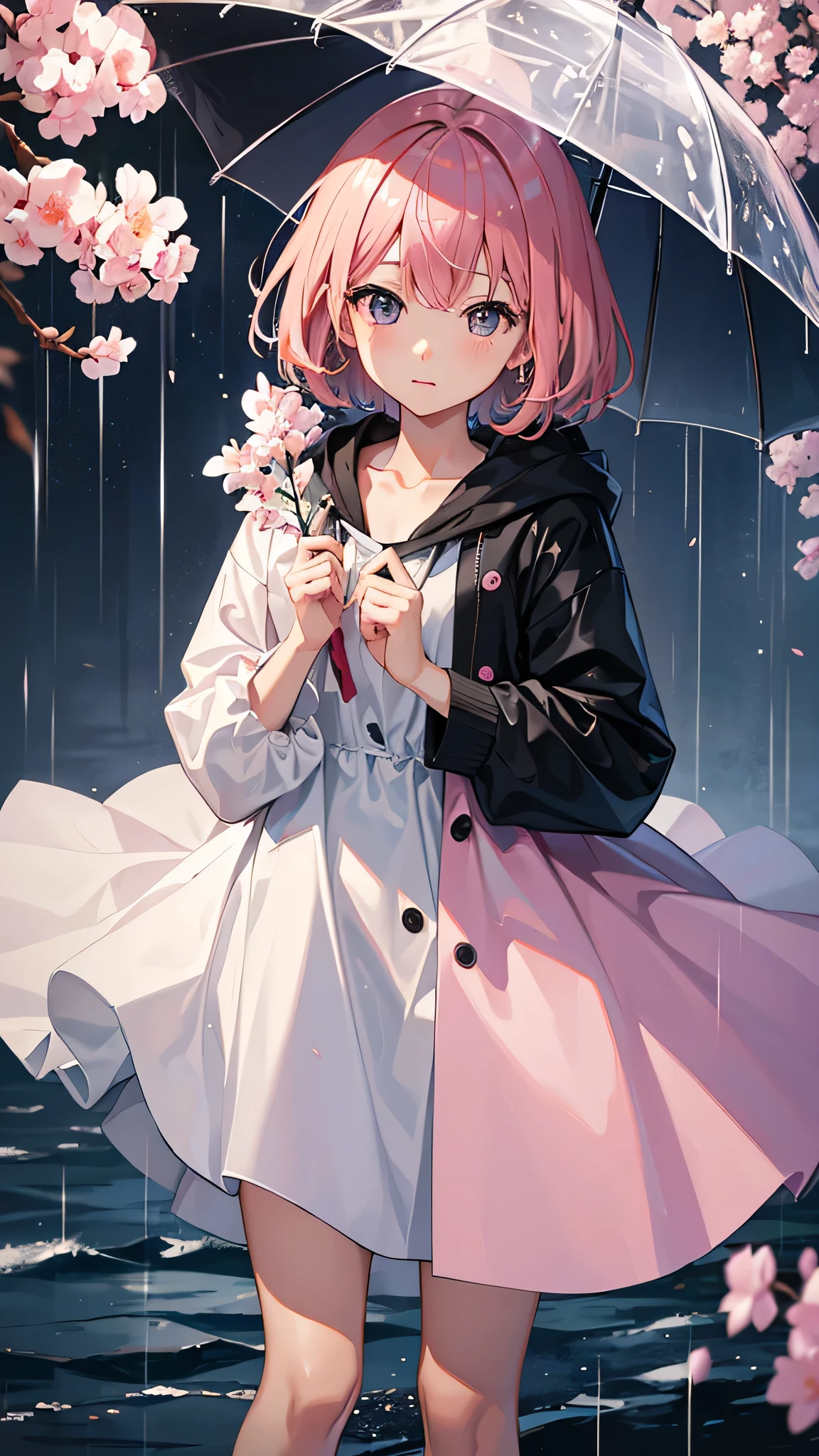 high resolution、high quality、Straight face、woman、outside、rain、豪rain、Get wet服、looking at the camera、Pink Hair、Short Hair、One person、Get wet、One person
