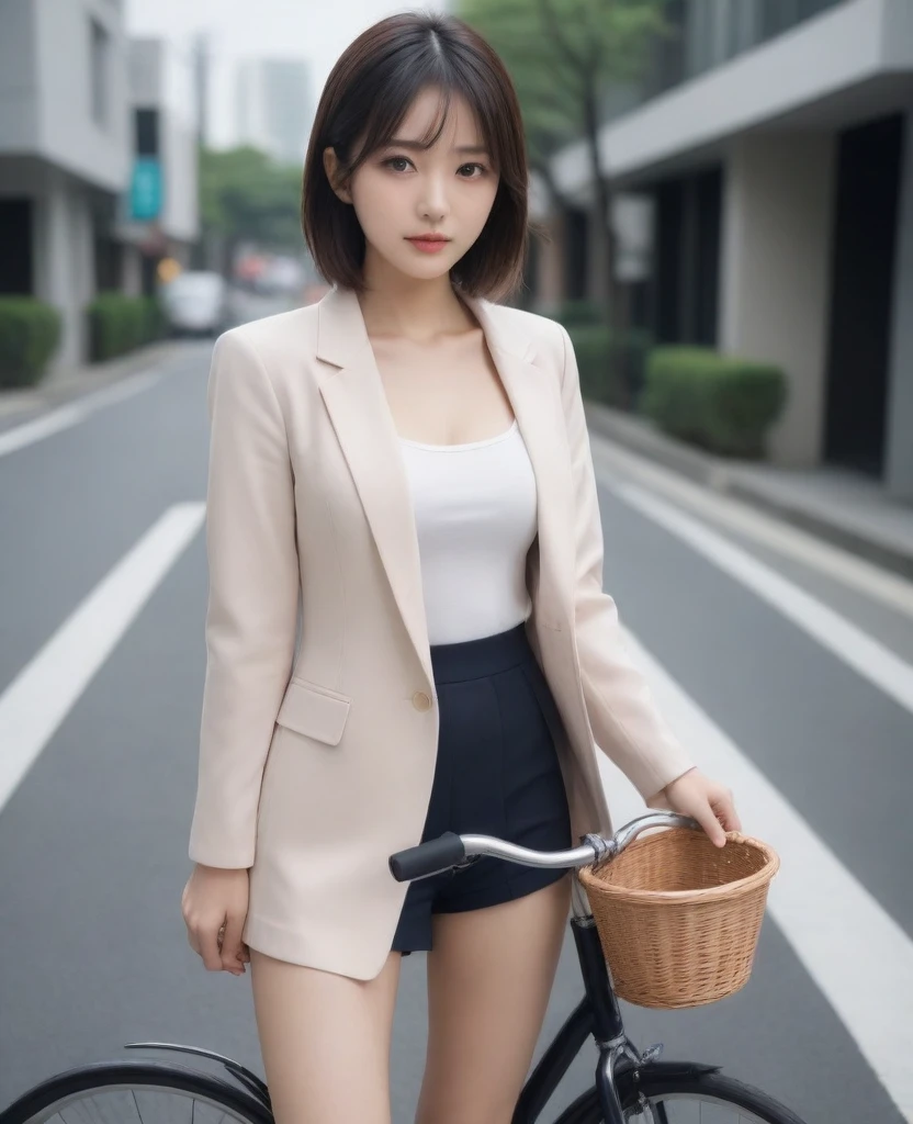 8k, photo realistic, Scores 9, 8, 7, 6, medium closeup, detailed, very sharp, vivid, solo, biking through Tokyo street, jacket, high heel, long legs, beautiful eyes, office suits, basket, (((riding bicycle))), bicycle, short hair, front view, low angle:1.5, going fast,  depth of field, beautiful breasts, slender,  the most beautiful woman, double eyelid, beautiful japanese woman, 25 yo, strong wind, slim beautiful legs, sexy pantie stocking, foot on pedal