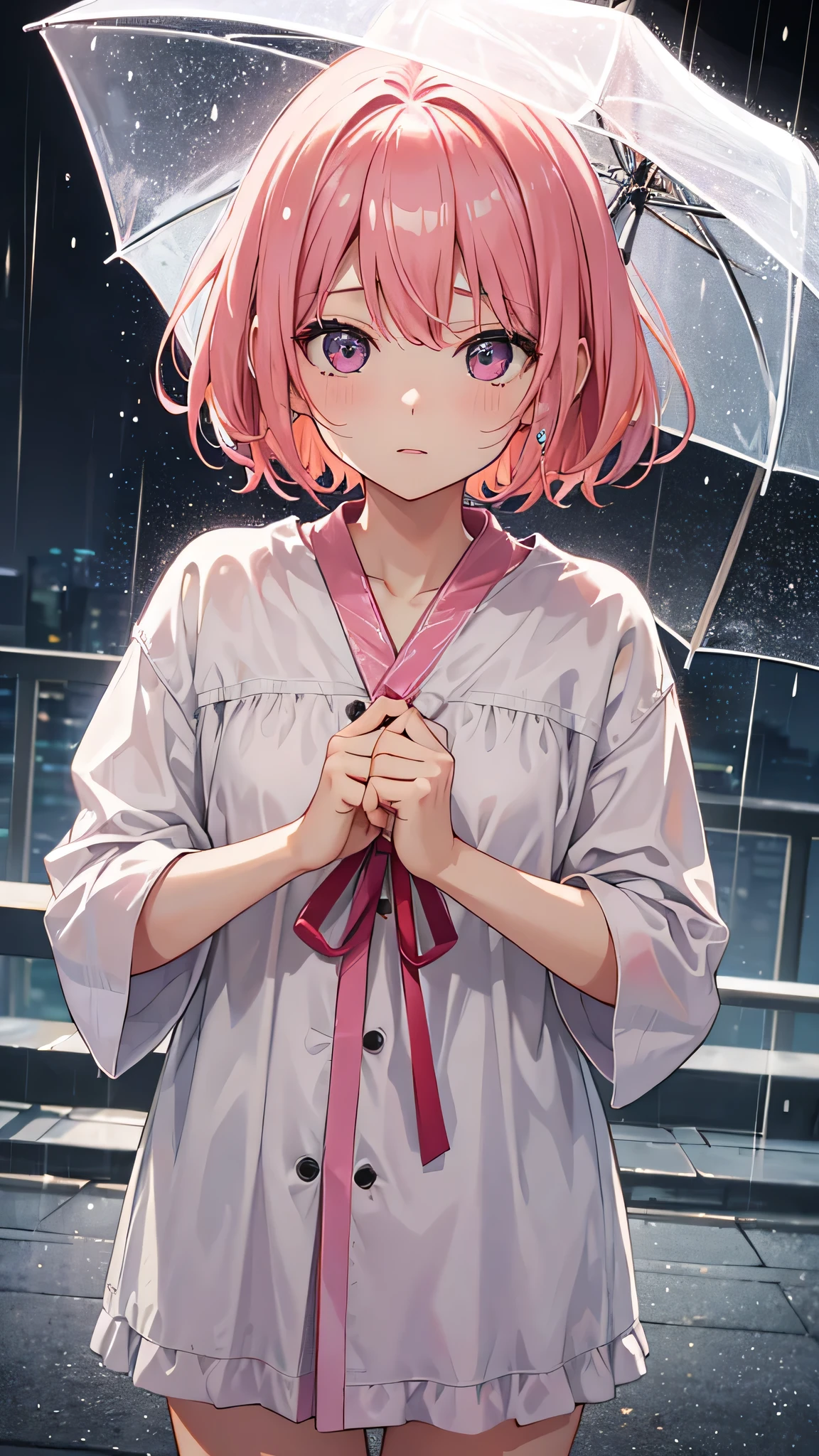 high resolution、high quality、Straight face、woman、outside、rain、豪rain、Get wet服、looking at the camera、Pink Hair、Short Hair、One person、Get wet、One person