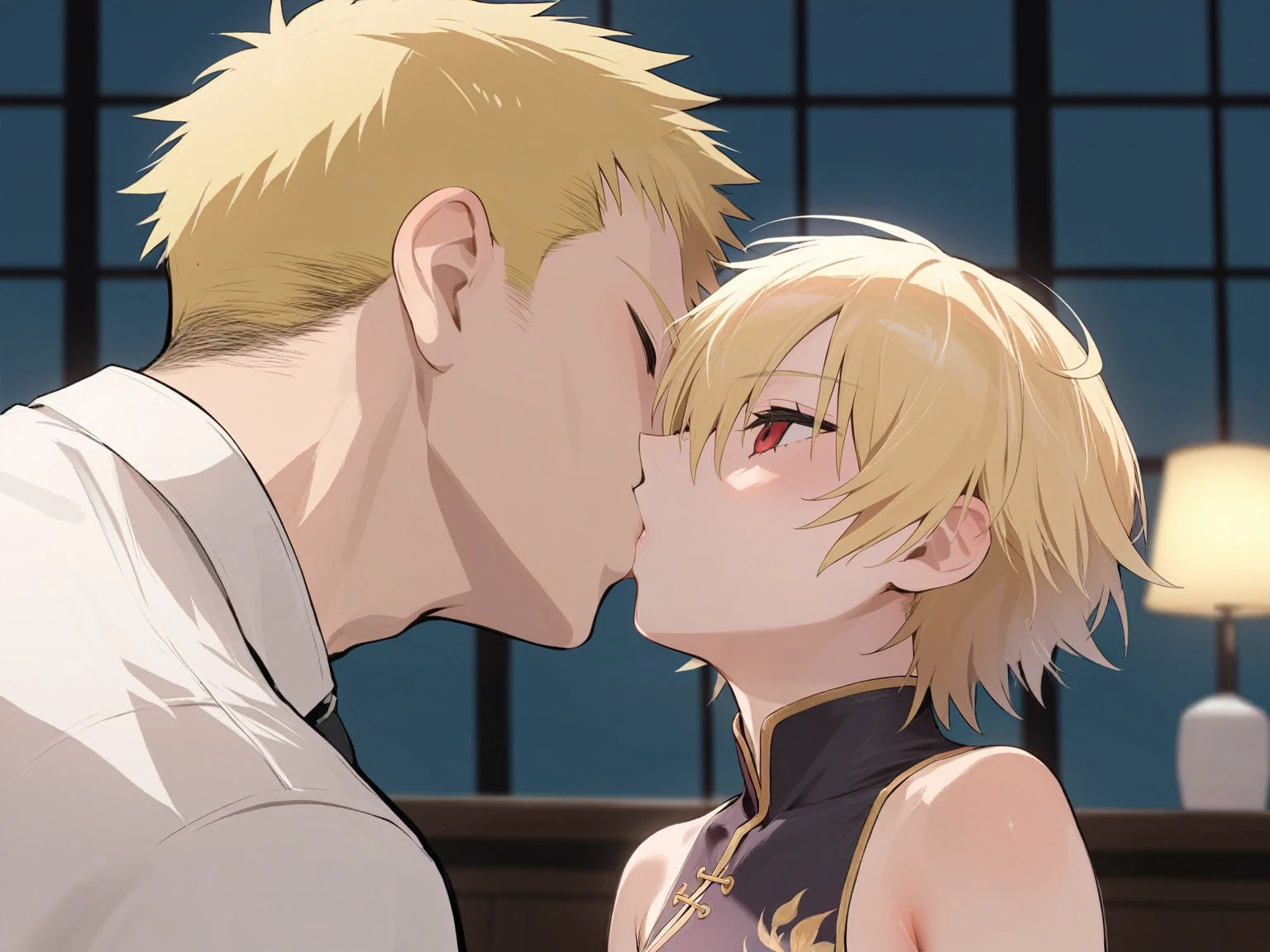 score_9, score_8_up, source_anime, solo, 1girl, tomboy, dress, sing, lole, young, ((aged down)), ikuchan, blonde hair, blonde hair, oriental, Chinese dress, short dress, indoors, apathetic, bored, boob window, 1boy, kissing, ((light skinned male)), size difference, nude male, huge penis, ((maledom)), size difference, large male, huge penis, foreskin 