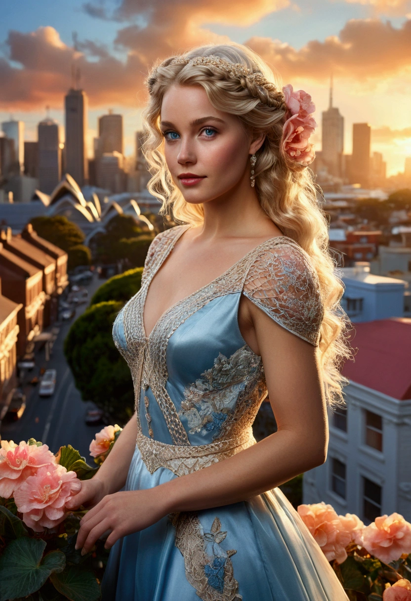 Masterpiece, Hyper realistic, Full body image of a Kinkade-inspired Australian Sydney cityscape at sunset, intricately detailed vintage-braided blonde super beautiful woman with begonias in her hair, pale blue eyes reflecting the sunset cityscape, perfect lips and angel smile, dress with fantasy-narrative embroidery flowing and showing double exposure of oil city scenes, vibrant brushstrokes, through vixsin's artistic lens, digital painting, ultra fine detail, dramatic lighting, UHD, 18K