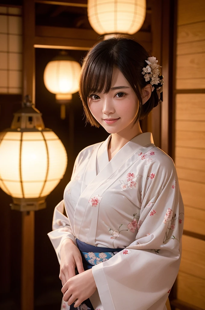 "A beautiful young woman with short hair, wearing an elegant yukata adorned with delicate floral patterns. She stands gracefully under a lantern-lit path at a traditional Japanese festival. The soft glow of the lanterns highlights her serene smile and the intricate details of her yukata, creating a captivating and enchanting atmosphere."