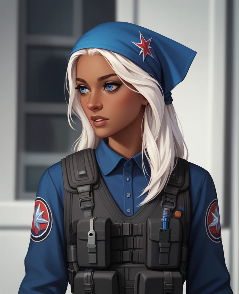 ((best quality)), ((masterpiece)), (detailed), 1girl, mixed race girl, African American + Caucasian girl with lighter skin, young woman, pretty, skinny, white hair, modern attire, modest, head scarf, long hair, hair tied in the back, bullet proof vest, tactical gear, civillian in kevlar vest, black swat kevlar, princess, long sleeve, stealth gear, splinter cell