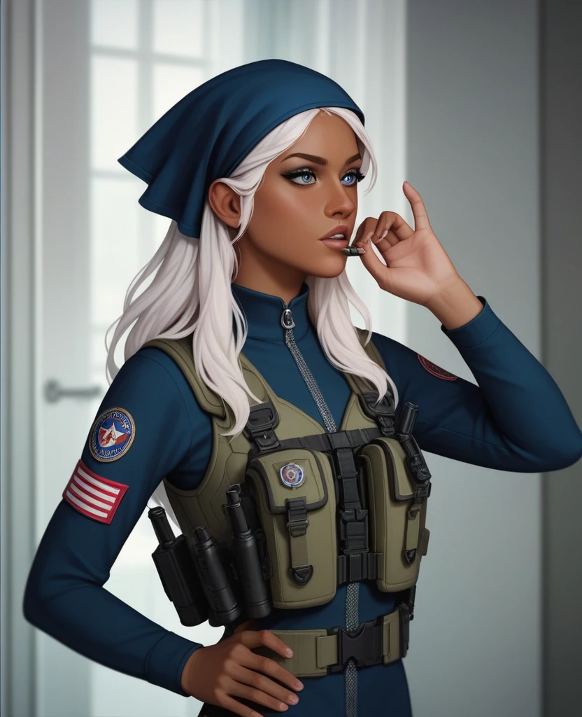 ((best quality)), ((masterpiece)), (detailed), 1girl, mixed race girl, African American + Caucasian girl with lighter skin, young woman, pretty, skinny, white hair, modern attire, modest, head scarf, long hair, hair tied in the back, bullet proof vest, tactical gear, civillian in kevlar vest, black swat kevlar, princess, long sleeve, stealth gear, splinter cell