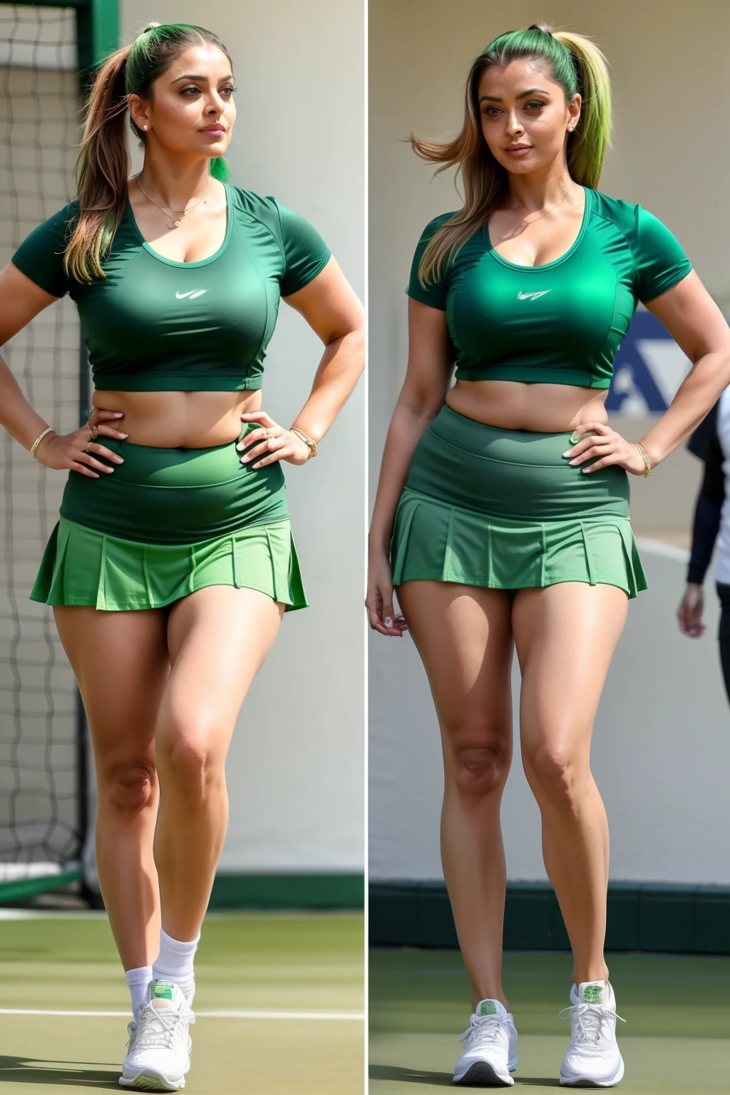 Full body photo of 50YO MATURE MILF AISHWARYA RAI as SEXIEST BIMBO TENNIS STAR, ((COMPLETE GREEN MICRO MINI SKIRT AND T-SHIRT EXPOSING BELLY NAVEL)), ((ponytail GREEN COLOURED hair)), ((WALKING IN WIMBLEDON CENTRE COURT)), day scene, ((curvaceous mature hourglass figure)), ((FLIRTATIOUS SMIRKING look straight at camera)), soft volumetric lights, intricate details, (ArtStation:1.2)