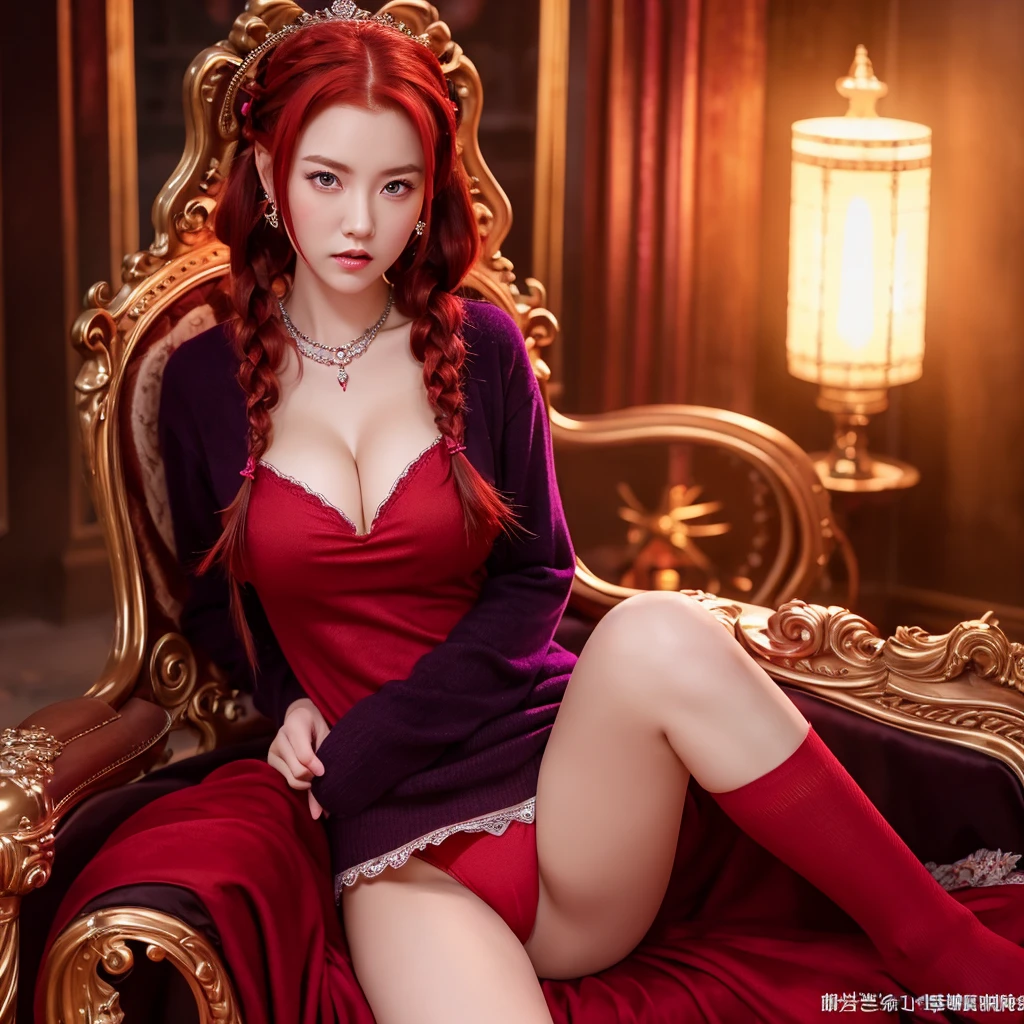 Red hair princess with braid on the side of her hair , with fierce eyes , red eye in short dark purple princess dress, showing very sexy panties. Long dark socks, sitting on a throne. Hottie with big breasts.