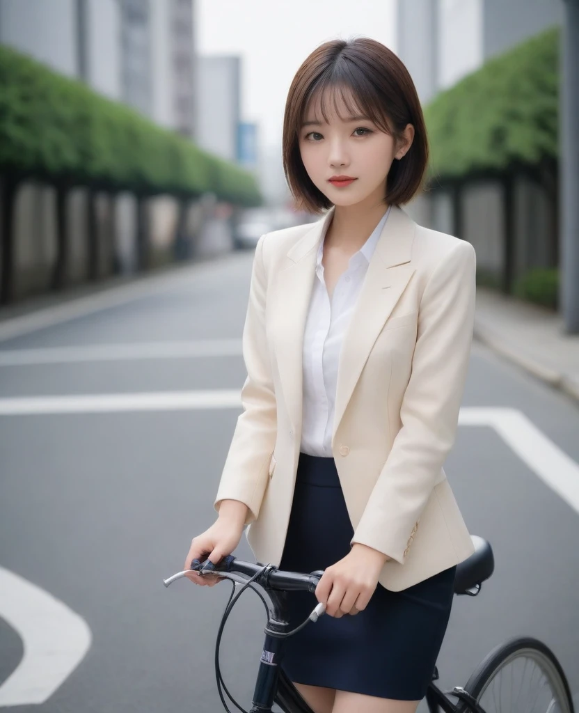 8k, photo realistic, Scores 9, 8, 7, 6, medium closeup, detailed, very sharp, vivid, solo, biking through Tokyo street, jacket, high heel, long legs, beautiful eyes, office suits, basket, (((riding bicycle))), bicycle, short hair, very front view, low angle:1.5, going fast,  depth of field, beautiful breasts, slender,  the most beautiful woman, double eyelid, beautiful japanese woman, 25 yo, strong wind, slim beautiful legs, sexy pantie stocking, foot on pedal