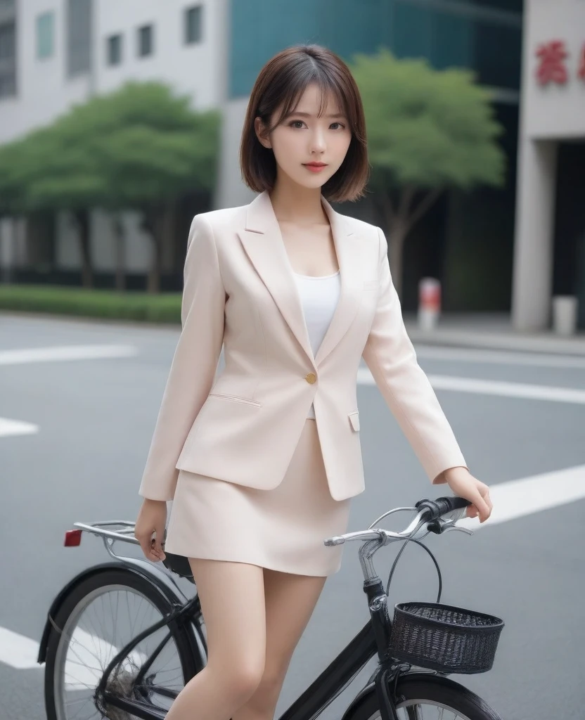 8k, photo realistic, Scores 9, 8, 7, 6, medium closeup, detailed, very sharp, vivid, solo, biking through Tokyo street, jacket, high heel, long legs, beautiful eyes, office suits, basket, (((riding bicycle))), bicycle, short hair, very front view, low angle:1.5, going fast,  depth of field, beautiful breasts, slender,  the most beautiful woman, double eyelid, beautiful japanese woman, 25 yo, strong wind, slim beautiful legs, sexy pantie stocking, foot on pedal