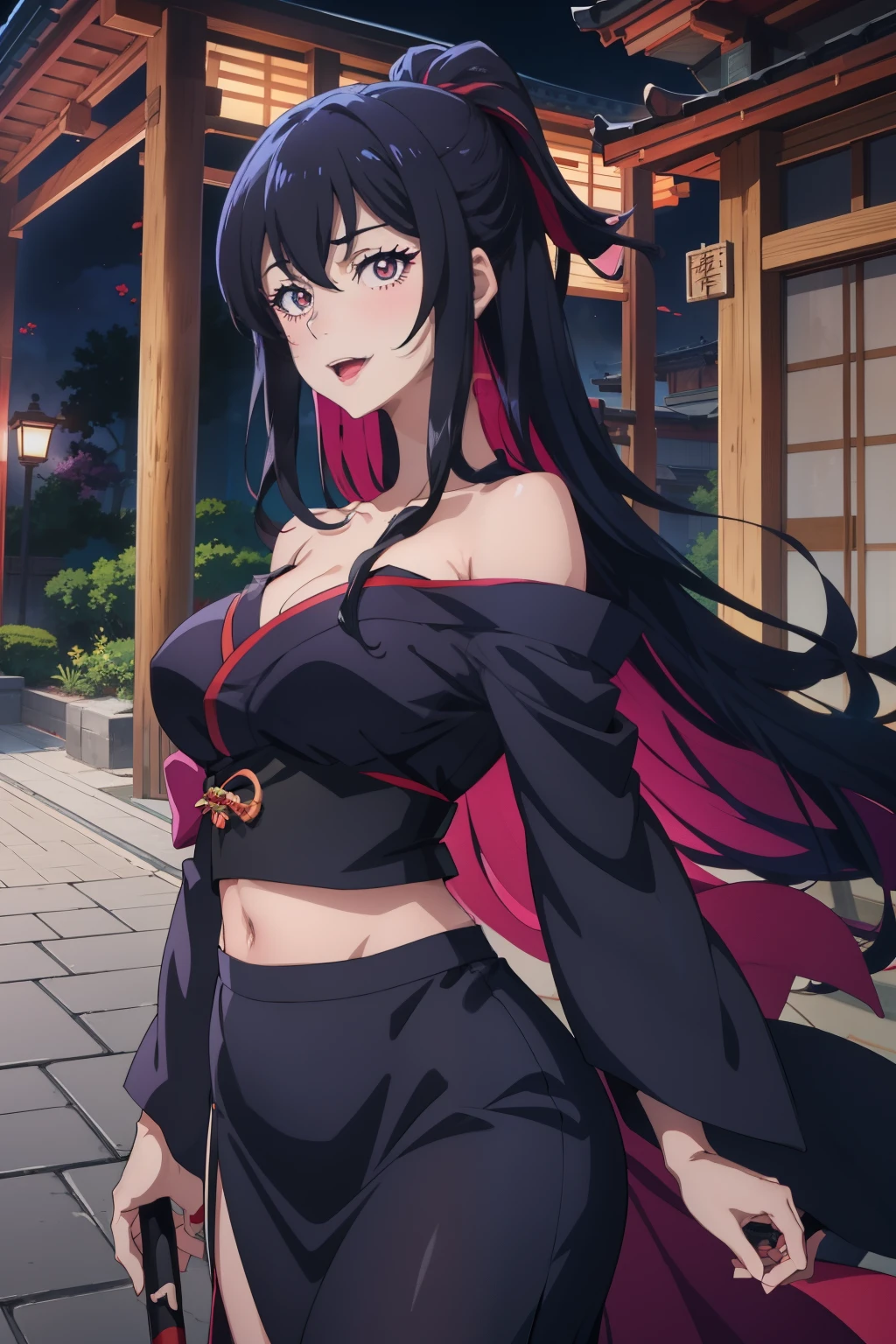 magase ai,  long hair, black collar, blush, lipstick, long hair, crazy eyes ,Hot girl, baddie, staring, glaring, bad attitude, mean girl, crazy, smoking, sensual, attractive, masterpiece, best quality, highly detailed, a anime girl in kimono dress ,holding sword, bare
shoulder,open kimono, evil smile, open mouth, crop top , (nsfw) not safe for work, smile, ecchi anime
style, anime girls, ecchi style, ecchi, digital anime art!!, in anime style, official artwork, visual novel cg,
beautiful anime girl, anime style 4 k, kimono pencil skirt, exposed belly, exposed navel,
exposed midriff, exposed lower belly, outdoor, japanese architecture, temple