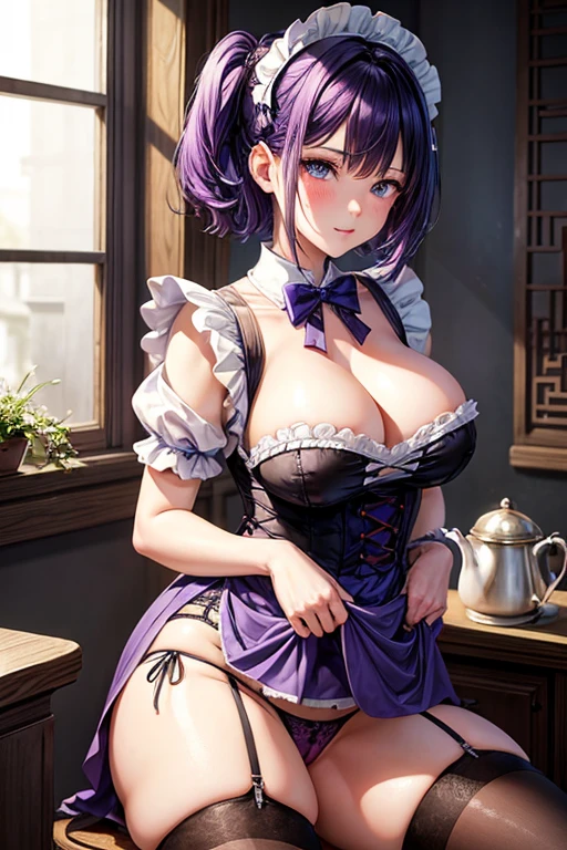  dressed as a maid, showing tight panties, pussy swallowing av, SIN , breasts big, with a naughty face, purple short hair, very blue blue eyes , short purple hair , showing her big pussy, with large vagina , innocent chinese , excite , sitting on the boiler , serving me tea 