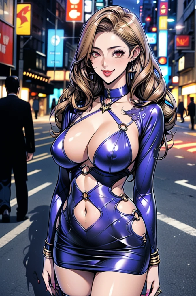 1girl,Alicia Viewsrtream, blonde hair, wavy hair, long hair, red eyes,red lips, (((bodycon)), cleavage, micro skirt, navel cutout, purple dress, shiny clothes, jewelery ,incredibly absurdres,thighs,realistic,reality,hetero, best quality:1.4, intricate details, sharp focus, highres, elaborate atmosphere:0.90, 8K, 4K, UHD, 32k UHD resolution, Ultra Detailed 8K CG, ultra high res, High quality texture, High quality shadows, vivid colors, detailed eyes, depth of field, soft lighting, masterpiece, best quality, intricate, (lens reflection: 0.7), (flowering: 0.7), particle effects, ray tracing, tone mapping, highly detailed, concept art, smooth, sharp focus, dramatic lighting, highly detailed art, trending on Artstation, 8K, amazing shadows, realistic, (highly detailed background: 1.2), street, futuristic city, neon signs, bokeh, streetlights, people, ((1 boy)), cuddling, smile,
