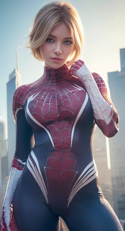 (One girl: 1.3), alone, beautiful face, (((extremely Detailed face))),(((extremely Detailed face and eyes)),beautiful detailed eyes, Body parts__, Official Art, 8k unified wallpaper, Very detailedな, beautiful and aesthetic, beautiful, masterpiece, 最high quality, born, masterpiece, Ultra-thin photo, 最high quality, Ultra-high resolution, Photorealistic realism, sunlight, Full body portrait, Great beauty, short blonde haircut, Dynamic pose, Delicate face, Bright blue eyes, (from the front), She is wearing a nylon outfit (inspired by Spiderman costume), Cosplay ('/snow/'), red, Transparent white and black color scheme, Top floor of a skyscraper, Very detailed, Detailed face, Detailed, intricate and busy background, Messy, beautiful, milky, Very detailedな肌, Realistic skin detail, Visible pores, Sharp focus, Volume Mist, 8k Ultra HD, Digital SLR, high quality, Film Grain, Fair skin, Photorealism, Lomography, Future dystopian megacity, View from below, translucent,(slender body:1.1),((Abdominal muscles：1.2)）,((Muscular:1.2))