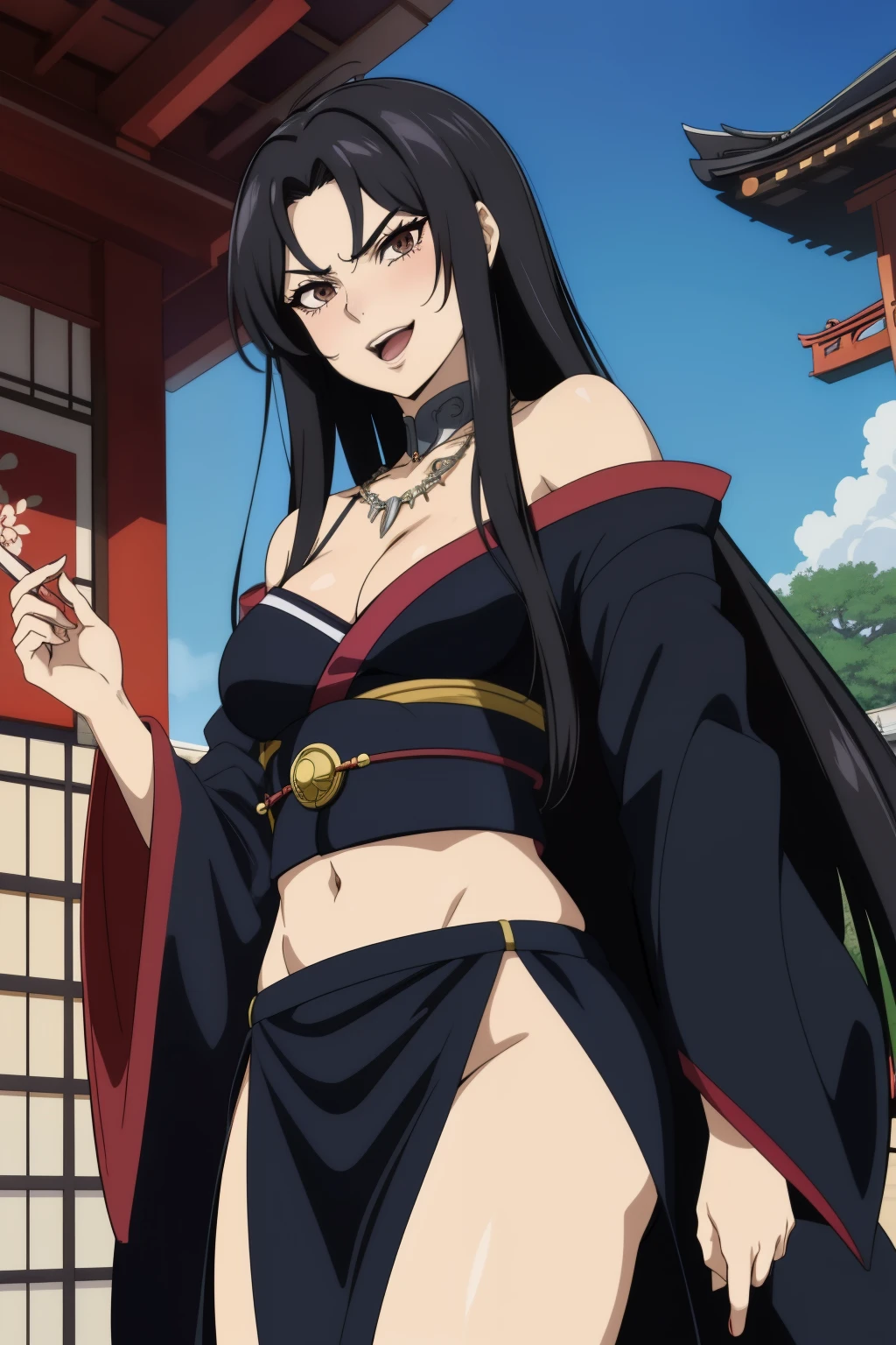 Pandora Saint Seiya, 1girl, dark brown eyes, black hair, necklace, long hair, black collar, blush, lipstick, long hair, crazy eyes ,Hot girl, baddie, staring, glaring, bad attitude, mean girl, crazy, smoking, sensual, attractive, masterpiece, best quality, highly detailed, a anime girl in kimono dress ,holding sword, bare
shoulder,open kimono, evil smile, open mouth, crop top , (nsfw) not safe for work, smile, ecchi anime
style, anime girls, ecchi style, ecchi, digital anime art!!, in anime style, official artwork, visual novel cg,
beautiful anime girl, anime style 4 k, kimono pencil skirt, exposed belly, exposed navel,
exposed midriff, exposed lower belly, outdoor, japanese architecture, temple