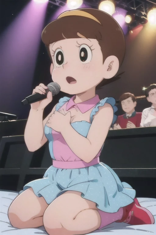 a beautiful idol girl hoshinosumire singing on stage, 1980s retro art style, 1990s style, detailed facial features, long eyelashes, detailed dress, cute expression, audience watching, best quality, 4K, 8k, highres, masterpiece, ultra-detailed, realistic, photorealistic, vivid colors, studio lighting, sharp focus, physically-based rendering, Full body images, Singing without a microphone,5 heads and a good figure, Make your breasts a little bigger,More sexually pleasurable expressions,In a sexy adult outfit that shows off her bust more,Kneeling on the bed,Shirtless and exposing breasts