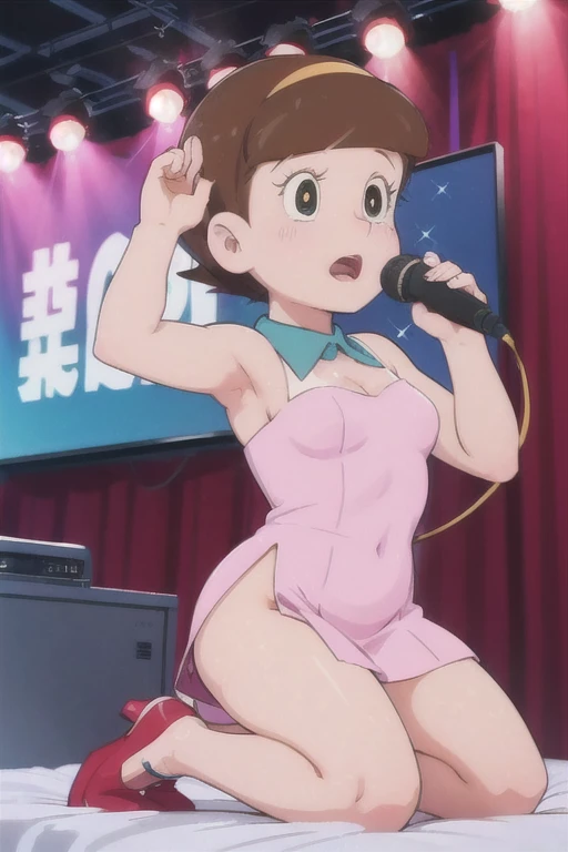 a beautiful idol girl hoshinosumire singing on stage, 1980s retro art style, 1990s style, detailed facial features, long eyelashes, detailed dress, cute expression, audience watching, best quality, 4K, 8k, highres, masterpiece, ultra-detailed, realistic, photorealistic, vivid colors, studio lighting, sharp focus, physically-based rendering, Full body images, Singing without a microphone,5 heads and a good figure, Make your breasts a little bigger,More sexually pleasurable expressions,In a sexy adult outfit that shows off her bust more,Kneeling on the bed,Shirtless and exposing breasts